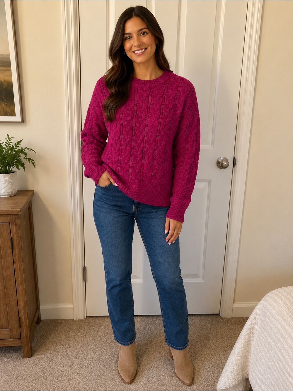 J. Crew Cable Crewneck Sweater in Deep Pink